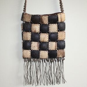 Vintage coconut Shell Purse long fringe boho hippie summer Bag beads